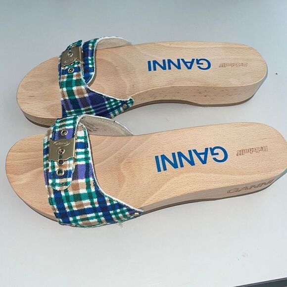 Ganni Dr Scholl’s Wooden Clogs in Check Blue Iris Size 10 New - Picture 3 of 11